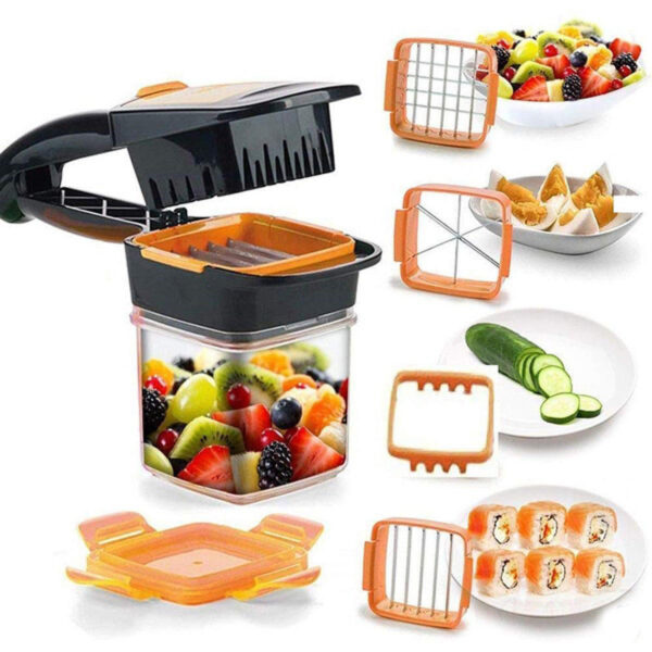 KH3293 Nicer Dicer Quick 5u1 rucni secko 001 1200 1200px w 1 - Mali i kompaktan rucni secko, idealne velicine za rukovanje i vrlo jednostavan za koriscenje. Izuzetno ostar,  uvek i zauvek ostri nozevi od nerdjajuceg celika. Jednostavno skladistenje, lako se sklapa i moze se drzati cak i u malim fiokama. Prenosiv je mozete ga poneti gde god da idete. Siguran je, brzo zakljucavanje drzi nozeve u zatvorenom polozaju, tako da ga lako i bezbedno možete odloziti. Pakovanje sadrzi Nicer Dicer secko, okvir za seckanje sa ugradjenim blokom, 3 seciva, posuda kapaciteta 200 ml, poklopac za cuvanje svezine.