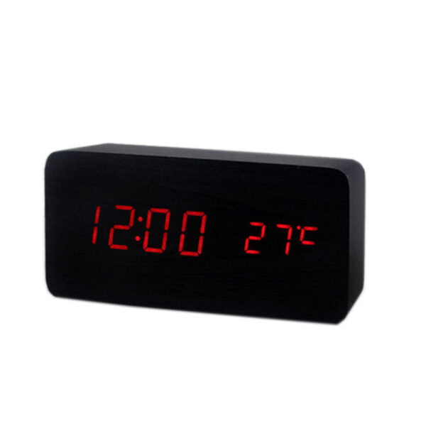black and red creative wood modern alarm clock with temperature function display - Drveni digitalni sat za Vas sto, pored standardne funkcije sata (vreme, datum) poseduje alarm mod, i termometar koji meri trenutnu temperaturu. Ovaj drveni alarm-sat ce ulepsati vas dom ili radni prostor. Ima nacin podesavanja nivoa jacine osvetljenja. Uz sat se dobija uputstvo za podesavanje.
