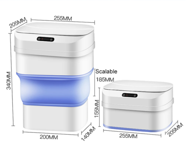 trash can 2 - Raskolpiva kanta za smece zapremine 17l. Ova kanta za smece se otvara i zatvara automatski na senzor. Senzor mozete podesiti tako da duzim klikom na “open” ostavite kantu otvorenom dok ne pritisnete sledecu komandu. Ovo je idealno ukoliko ljustite neku namirnicu ili kada Vam je potrebno da kanta ostane duze otvorena. Ukoliko pritisnite duze “close” na kanti, cete je zakljucati do sledece komande, tako da ukoliko zelite da sprecite slucajno otvaranje kante dok se deca igraju ili da sprecite da se iz nje nesto prospe. Ova kanta ima prsten kojim je oblozena njena unutrasnjost i koji ima funkciju da pricvrsti kesu za smece, cime ne dozvoljava sirenje neprijatnih mirisa. Kantu jednostavno mozete napuniti putem USB kabla koji dobijate uz nju,baterija je veoma postojana, ukoliko se desi da se baterija isprazni mozete putem ugradjene rucice otvarati i zatvarati kantu i koristiti je kao standardu kantu, dok je ne napunite. Pametna kanta je vodootporna i  jednostavna za održavanje, samo je operite mlakom vodom i odmah je spremna je za ponovno koriscenje. Sklopiva i lako prenosiva, ova kanta je idealna ukoliko zelite da ustedite na prostoru, da je prenesete u drugu prostoriju  ili  jednostavno ponesete sa sobom na neko putovanje. Dobicete istu kantu u manjoj dimenziji.  