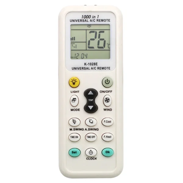 image thumb 1 2048x2048 1 - K-1028E je univerzalni daljinski upravljač za klima uređaj (A/C) koji se može programirati da kontroliše niz različitih brendova i modela klima uređaja. To je zamenski daljinski upravljač koji se koristi kada se originalni A/C daljinski upravljač izgubi ili ošteti. K-1028E ima LCD ekran i dugmad za kontrolu temperature, brzine ventilatora i režima (npr. hlađenje, grejanje, samo ventilator) A/C jedinice. Takođe ima funkciju tajmera koja vam omogućava da podesite klima uređaj da se uključi ili isključi u određeno vreme. Da biste koristili K-1028E, moraćete da ga programirate da komunicira sa vašom specifičnom A/C jedinicom. Ovo se obično radi unošenjem koda koji odgovara vašem brendu i modelu klima uređaja u daljinski upravljač. Uputstva za programiranje K-1028E se nalaze u uputstvu koje dolazi sa daljinskim upravljačem.