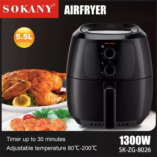 SK YG 8026 img4 1 - Airfryer je inovativni kućni aparat za pripremu hrane koji koristi tehnologiju zračnog hlađenja za zdraviju alternativu tradicionalnom prženju u ulju. Pomoću Airfryera možete pripremati razne vrste hrane, uključujući meso, povrće, krumpir i slično, bez dodavanja velike količine ulja. Ovaj aparat ima precizne kontrole temperature i vremena pečenja, kako bi se osiguralo da hranu pripremite do savršene mekoće i arome. Takođe, Airfryer ima jednostavan dizajn i lako se čisti, što ga čini idealnim za svakodnevnu upotrebu. Airfryer je odlična opcija za sve koji žele zdraviju i jednostavniju pripremu hrane bez kompromisa na ukusu i kvalitetu.