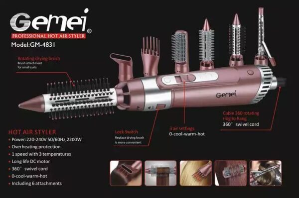 137679362 628f4695c71221 481635551653554197036 - Gemei profesionalni 7 u 1 stajler je višenamenski alat za oblikovanje kose koji omogućava jednostavno i efikasno stvaranje različitih frizura kod kuće. Ovaj stajler ima sedam različitih nastavaka koji se lako menjaju i prilagođavaju vašim potrebama. Uz pomoću nastavaka možete isfenirati, izravnati, napraviti talase, lokne i još mnogo različitih frizura bez odlaska frizeru. Karakteristike - velike mogućnosti u oblikovanju kose, poseduje kuku na kraju aparata za kačenje, dugme za oslobađanje nastavaka radi zamene. Svi nastavci su izrađeni od visokokvalitetnog materijala i imaju keramičku zaštitu koja štiti kosu od oštećenja toplotom. Stajler ima i funkciju podešavanja temperature, što ga čini pogodnim za sve tipove kose. Osim toga, Gemei profesionalni 7 u 1 stajler za kosu je kompaktan i lagan, što ga čini pogodnim za putovanja. Gemei profesionalni 7 u 1 stajler za kosu je praktičan i funkcionalan alat koji će vam pomoći da lako kreirate različite frizure bez oštećenja kose.    