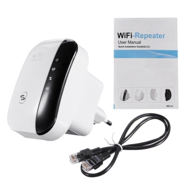 117981749 3171121672965690 5885649040770828995 o 1 - Veoma lako konfigurisanje – plug & play Wifi Repeater/ router 802.11N/B/G Domet: do 100m Brzina: 300Mbps Primena : mreže 2.4GHz Jačina signala : 14-17dBm  (zavisi od brzine povezivanja, manja brzina – veća snaga) Integrisana 2dBi antena Produžava signal za wireless – bezični internet signal, za proširenje dometa signala postojeće Wi-Fi mreže Idealno za kuće (spratove gde je slab Wi-Fi signal), dvorišta, veće poslovne ili privatne objekte Mrežni kabl dužine oko 1m za konfiguraciju uređaja