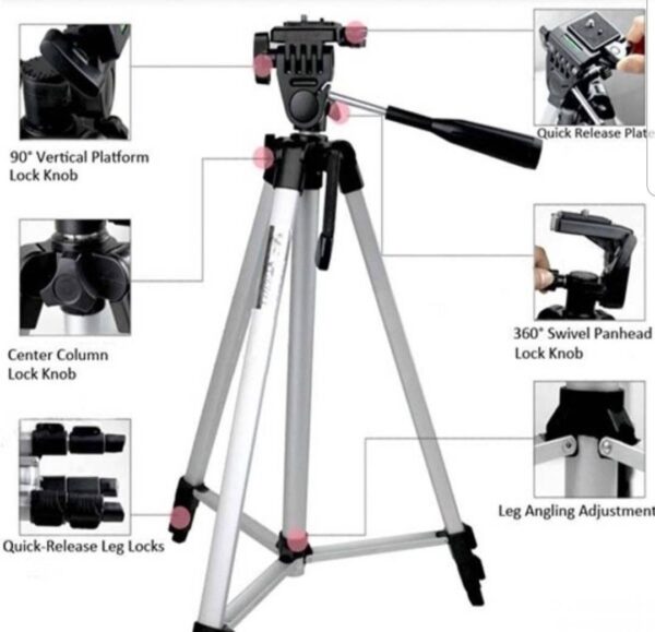 121227442 6115493dd040c3 592054671628784925876 - Podesiv stativ-tripod za fotoaparate, kamere i mobilne telefone Kompatibilan je sa svim vrstama digitalnih fotoaparata i kamera koje teže manje od 3kg Mehanizam nogu omogućava fotografima da se postave u savršenu poziciju glatkim, brzim pokretom, što im daje slobodu da se fokusiraju na sam čin Dodatak, torba za nošenje Minimalne visine oko 50cm, maksimalne 133cm Sa rotacijom i ojačanjima Moze se koristiti sa velikim brojem modela uređaja svih proizvođača Pouzdan i lagan za nošenje za putovanja Materijal: aluminijum i plastika