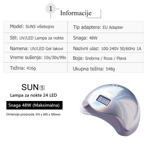 82e016488213bc753a6847ab2ce58649 - Nova SUN5 UV/LED lampa za nokte 48W snage, sa pametnim infracrvenim senzorom i uklonjivom donjom pločom, omogućava lako sušenje laka za nokte kako na rukama, tako i na nogama. Višebojna lampa SUN5 je odlična opcija za sve nas koji želimo profesionalno oblikovane i brzo osušene nokte iz udobnosti našeg doma. Sa svojom snagom od 48W, brzo i efikasno suši gel lakove i druge vrste lakova za nokte, a postavke tajmera omogućavaju nam da prilagodimo vreme sušenja u skladu sa našim potrebama. Velika unutrašnjost i dizajn u tri predivne boje, čine ovaj model lampe za nokte praktičnim i udobnim tokom upotrebe ali takođe i unikatnim uređajem naše opreme za nokte.