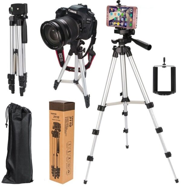 834b0d0b59c1825b67c481b7dee40dab - Tripod 3110 za mobilne telefone je idealan za snimanje selfija i grupnih fotografija kada se koristi tajmer. Na ovaj stativ možete postaviti i kameru i svoj mobilni telefon, jer u pakovanju dolazi i držač. Nožice su napravljene od aluminijuma. Poseduje ručicu za podešavanje visine centralnog stuba. Maksimalna visina tripoda je 105 cm.