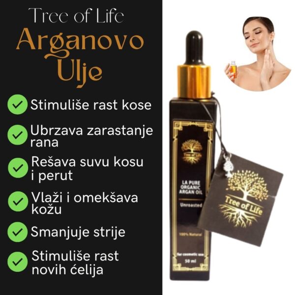 Arganovo Ulje Hladno Cedjeno 100 organsko marokansko arganovo ulje - Arganovo ulje pomaže tkivima da se regenerišu. Ima moćne antimikrobne karakteristike i zaceliće zaraženu, ispucanu, bolnu i spaljenu kožu. To će uravnotežiti nivo melanina i pH kože i zaštititi ga od štetnog UV zračenja. Predosti: Idealno za kosu i kožu Regeneriše oštećenu i prerano ostarelu kožu Smanjuje bore – čini kožu glađom, čvrstom i elastičnijom, mekanom. Regeneriše ispucalu i oštećenu kosu i čini je sjajnom. Vlaži kosu i sprečava perut Smanjuje strije i stimuliše rast novih ćelija. Kada se nanosi na kožu sklonu aknama, ulje smanjuje upalu i takođe će umiriti iritaciju. Pomoći če koži da održava nivo vlage i da smanji ožiljke. štititi kožu od svrabe i dehidracije. ulje ne ostavlja tragove i jedno je od najsuvijih ulja, što znači brza apsorpcija u koži Bogato je oleinskom i linolnom kiselinom, vitaminom E i karotenima. Zbog velikog udela vitamina E, arganovo ulje je jako stabilno i veoma delotvorno kod suve i zrele kože.