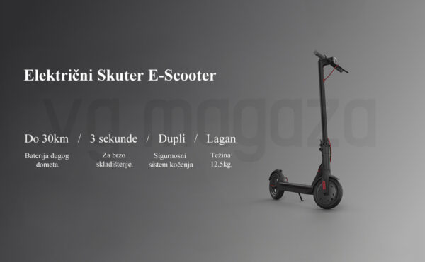 Elektricni skuter E scooter 3 - Električni skuter E-scooter je najpopularniji non-brend električni trotiner ove godine. E-scooter poseduje čvrst aluminijumski ram, odličnu termalnu provodnost i otpornost na koroziju, što električnom skuteru obezbeđuje dugotrajnost. Težina od 12,5kg, super jako prednje svetlo, izdržljiva litijumska baterija koja obezbeđuje vožnju do 30km, uvid u statistiku vožnje putem mobilne aplikacije, su samo neke od savremenih opcija koje su doprinele popularnosti ovog ujedno elegantnog i funkcionalnog električnog skutera.  