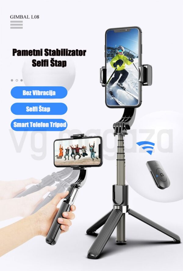 H6557140f7431478cb5366694d170f162O 1 - Gimbal L08 je pametni stabilizator selfi štap sa Bluetooth daljinskim upravljačem za brzo, lako i jednostavno pravljenje fotografija i snimaka. Aluminijumski dizajn i stabilan sistem protiv vibracija pruža čist i jasan kvalitet fotografija.