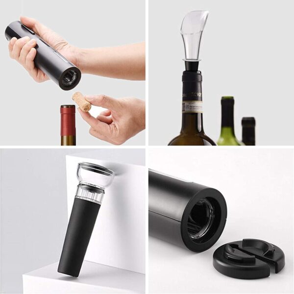 Set Cavatappi Elettrico Professionale Per Vino Con Ricarica USB extra big 204604 760 - Jednostavan način otvaranja flaša za vino sad je tu, to je punjivi električni otvarač flaša. Brzo i efikasno će otvoriti vino, a na vama je samo da uživate. Uklonite rezač folije i stavite ga na usko grlo, čvrsto držite prstima, rotirajte ga oko zaptivača folije za jedan do dva kruga i odsecite zaptivač folije Postavite dno otvarača za vino na vrh flaše i osigurajte da otvor za vino ostane u ravni sa flašom što je vertikalnije moguće Pritisnite dugme za izvlačenje i zadržite, lagano pritiskajući otvarač na dole 6-8 sekundi da biste potpuno izvukli čep Zatim pritisnite gornje dugme za otpuštanje i držite 5-7 sekundi, pluta se automatski izvlači iz otvarača, otpustite dugme i postupak otvaranja je završen Odgovara većini standardnih veličina boca za vino.