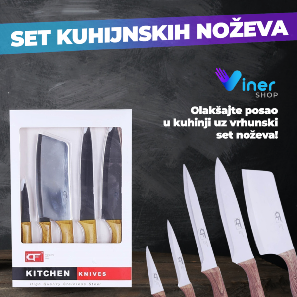 Set kuhinjskih nozeva Image ad - Set atraktivno dizajniranih kuhinjskih noževa sa reljefnom oštricom i keramičkim premazom. Vrlo oštra sečiva, sa kvalitetnim ergonomskim drškama.