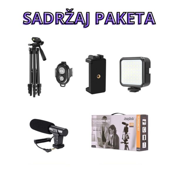 VGMagaza 7 - Profesionalni komplet za strimovanje. Specifikacija: Model: KIT-05LM Tripod 50″ Materijal: ABS, legura aluminijum Visina stativa: 15″-50″ Osjetljivost mikrofona: + 20dB Napajanje za video LED svetlo: 2 x AA baterija (nije uključena)    