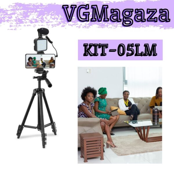 VGMagaza 9 - Profesionalni komplet za strimovanje. Specifikacija: Model: KIT-05LM Tripod 50″ Materijal: ABS, legura aluminijum Visina stativa: 15″-50″ Osjetljivost mikrofona: + 20dB Napajanje za video LED svetlo: 2 x AA baterija (nije uključena)    