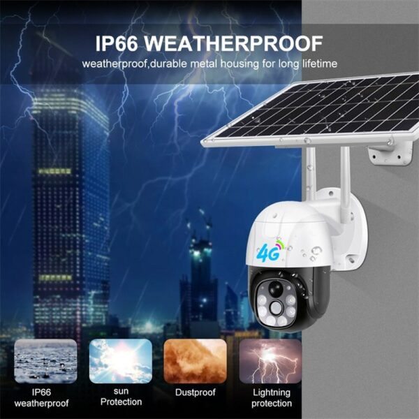 WiFi 4G LTE Outdoor Video Surveillance Camera Gsm 1080P with 8w Solar Panels V380 PRO Battery 1 - Operativni sistem: Android, iOS Aplikacija: V380 Pro; Smart Life Senzor: GC2063 Gcore Metod detekcije: PIR + radarska dvostruka indukciona detekcija Udaljenost detekcije: 0~12M Ugao detekcije: 120° Metod alarma: informacije na mobilni telefon Video kompresija: H.264+/H.265 Rezolucija: 1920 x 1080 / 1080P HD Mrežna konekcija: 4G Pomeranje: Horizontalno: 355 °, vertikalno: 120 ° Noćno snimanje u boji Infracrveni LED: efektivna udaljenost: 10m / Beli LED: efektivna udaljenost: 10M Dvosmerna audio komunikacija Ugrađeni zvučnik: 3W Ugrađeni mikrofon: audio pick-up 20m Objektiv: fiksni fokus 4 mm Ugao: 120° Snimanje videa: Cloud ili TF kartica (maks. 128G) – nije u kompletu Režim napajanja: solarni panel + 3.7V 18650 baterija Snaga solarnog panela: 5W Kapacitet baterije: podržava 4 kom 18650 baterije – nisu u kompletu Zastita: IP66 vodootporna Radna temperatura: -30°~+50° Radna vlažnost: 0%~80%RH Kontrola preko mobilnog telefona ili tableta sa bilo kog mesta Real time notifikacije na mobilni telefon gde god da se nalazite Obezbeđuje efikasan nadzor za zaštitu vašeg doma i pruža izvanredan kvalitet slike U slučaju detektovanja bilo kakvog kretanja automatski šalje upozorenje na mobilni telefon