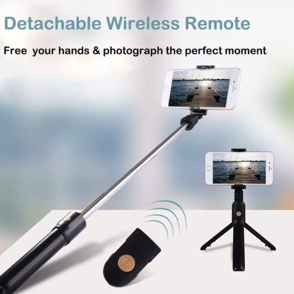 cdn shopify com 61rkhE1ya7L. SL1000 1024x1024@2x 1 - Tripod sa Bluetooth-om, razvlači se u veoma čvrst selfie štap, sa dugmetom za okidanje koje se može i skinuti te služiti kao okidač kad je telefon na tripodu. Kompatibilan sa: IOS & Android Za telefone : 4.7 – 6.0 inča Težina: 132g 245 stepeni rotiranje za slikanje BT : Bluetooth 4.0 Boja: crna Materijal: plastika + nerđajući čelik Maksimalna dužina: 70cm Minimalna dužina: 19.5cm Baterija: CR1632 button baterija, zamenjiva