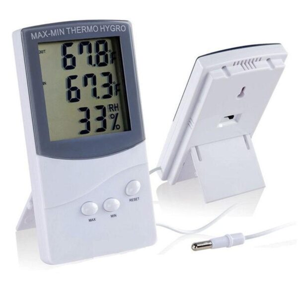 ktj ta318 digital lcd indoor outdoor thermometer - Digitalni LCD termometar-higrometar Veliki LCD ekran koji je dizajniran za lako očitavanje vlažnosti i merenja temperature Jedan kabl sa sondom za osećaj spoljašnje temperature i vlažnosti Za udobnu instalaciju, rupa i postolje termometra omogućavaju da se koristi na zidu ili stolu Prikaz unutrasnje i spoljasnje temperature i vlaznosti (min.-max.) Možete podesiti po Celzijusima ili Farenhajtu 3 dugmeta Jasan i ispravan ekran sa lako čitljivim brojem Opseg spoljne temperature: -50 do 70 Celzijusa (-58 do 158 Farenhajta). Opseg unutrašnje temperature: 0 do 50 Celzijusa (32 do 122 Farenhajta) Tip uređaja: Termometar, higrometar, merač temperature i vlažnosti Materijal: plastika Precizna temperatura: 0,1 C Opseg higrometra: 25% RH do 98% RH Izvor napajanja: 1x AAA baterija (NIJE UKLJUČENA) Veličina: 12,5 x 7 x 1,92cm Dužina kabla: 1,5m Težina: 110g