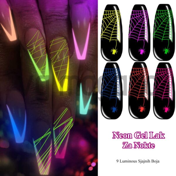 neon gel lak za nokte 4 - Luminous Glow Spider Gel je savršen dodatak za one koji traže jedinstven i sjajan izgled za svoje nokte. Njegov efekat svetlucanja u mraku i dugotrajnost čine ga idealnim za sve prilike, a jednostavan proces nanošenja čini ga pristupačnim i lako primenjivim za kućnu i profesionalnu upotrebu. Luminous Glow Spider Gel čini nokte fantastičnima i privući će pažnju gde god da odemo!