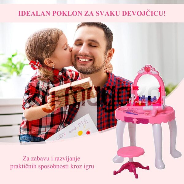 set za ulepsavanje 6 - Set za ulepšavanje za sve male princeze sadrži kompletan pribor za doterivanje i sređivanje u kojem će uživati svaka devočica. Set se sastoji od prelepog toaletnog stočića sa stolicom i magičnim ogledalom za devojčice uzrasta od 3 godine i starije.