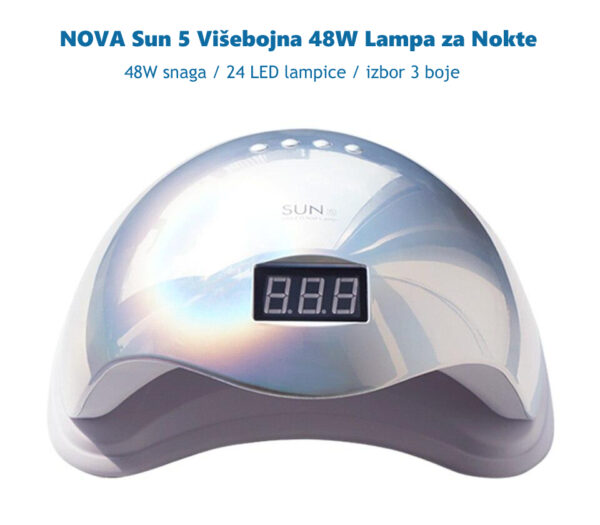 viber slika 2022 01 13 16 53 10 669 - Nova SUN5 UV/LED lampa za nokte 48W snage, sa pametnim infracrvenim senzorom i uklonjivom donjom pločom, omogućava lako sušenje laka za nokte kako na rukama, tako i na nogama. Višebojna lampa SUN5 je odlična opcija za sve nas koji želimo profesionalno oblikovane i brzo osušene nokte iz udobnosti našeg doma. Sa svojom snagom od 48W, brzo i efikasno suši gel lakove i druge vrste lakova za nokte, a postavke tajmera omogućavaju nam da prilagodimo vreme sušenja u skladu sa našim potrebama. Velika unutrašnjost i dizajn u tri predivne boje, čine ovaj model lampe za nokte praktičnim i udobnim tokom upotrebe ali takođe i unikatnim uređajem naše opreme za nokte.