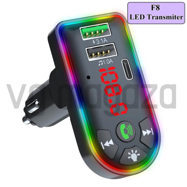 viber slika 2022 03 02 15 41 15 461 - Transmiter F8 je namenjen za velike i male automobile. Modernog dizajna, sa 7 LED boja, BT/FM/MP3 funkcijama i dual USB ulazom za punjenje dva uređaja istovremeno. Takođe podržava kontrolu slobodnog pozivanje i muzike.