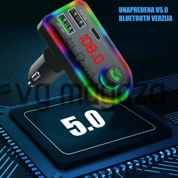 viber slika 2022 03 02 15 43 06 791 - Transmiter F8 je namenjen za velike i male automobile. Modernog dizajna, sa 7 LED boja, BT/FM/MP3 funkcijama i dual USB ulazom za punjenje dva uređaja istovremeno. Takođe podržava kontrolu slobodnog pozivanje i muzike.