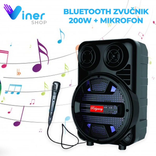 vinershop imagead Bluetooth zvucnik 200w mikrofon - ✔USB priključak. Micro SD utor, AUX izlaz, FM, prikljucak za mikrofon. ✔ Sa jednim punjenjem daje vam mogućnost korišćenja i do 6 sati bez ikakvih problema. ✔ Idealan za vikendice, kampovanje i slično! ✔ Zvučnik takođe ima i led rasvetu koja radi na ritam melodije ili basa. ✔ Jačina: 200w, echo efekat ✔ Dimenzije: 207x145x308 mm