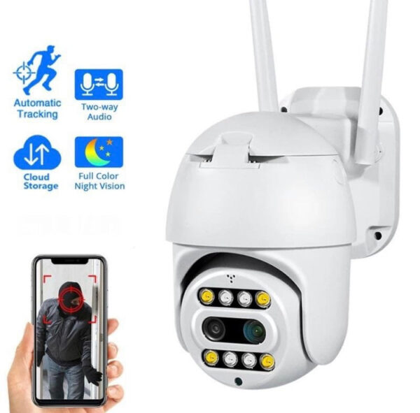 0001357 ip kamera ptz wifi 8mpx sa 10x optickim zoom om spoljna - IP kamera za spoljni video nadzor sa wifi opcijom i direktnim prenosom na mobilni u realnom vremenuDolazi uz adapter sa utucnocom 220V i vase je samo da obezbediti struju i internet konekcijuOd mnogobrojnih opcija nabrojacu neke: Kamera ima 2 sočiva 3,6 mm + 12 mm HD objektiv i mogućnost 10x zoomRotacija u dve ose levo-desno i gore-dole preko aplikacije iz telefonaPoseduje i opciju AUTOTRACKING automatsko pracenje objekta. Snimanje detekcije pokreta ili non stop snimanje sa obelezavanjem na traci sa vremenom kada su zabelezeni pokretiOdlican prikaz u mrklom mraku i opcija podesavanja osvetljenje: IR diode, LED diode sa belim svetlom ili kombinacija obeKolor prikaz nocu kao i danjuKada snima detekciju uporedo pravi i fotografije na po par sec gde se nece propustiti nijedno lice koje prodje ispred kamereObavestavanje svakog pokreta na mobilni preko aplikacijeSnimanje na Micro SD karticu do 128gb koja nije ukljucena u cenu ili na virtuelni oblak ili na mob telefon(sve se pregleda preko aplikacije)