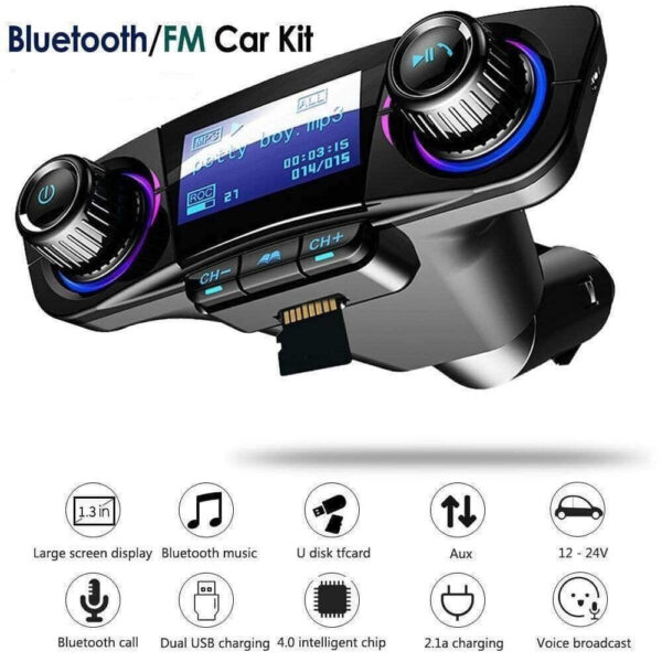 104850418 5fad785b5dc371 9547032498474259 5f1213 - Bluetooth transmiter za kola sa LCD ekranomBluetooth veza sa telefinom za slusanje muzike, primanje i slanje pozive Cita SD kartice i Usb flesh memorijeAux Ulaz i Izlaz, Punjac telefona. . . Veliki LCD ekran koj pokazuje ko vaz zove, frenkvenciju, status uredjaja, i nazive pesama koju pustate preko uredjaja.