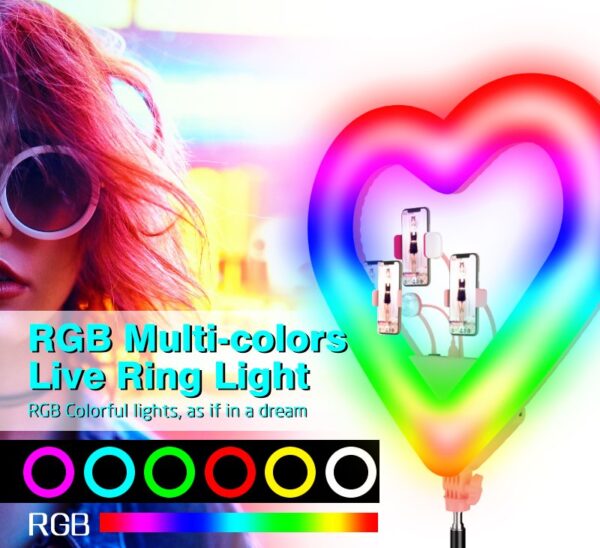 124583953 6161f429c01378 56879036ring srce - Ring light LED RGB lampa u obliku SRCARGB Ring light 18 "48cm + Stativ + daljinski upravljačOdličan za video snimanja, slikanja, za sve koji žele odlične fotografije portreta i lica bez senke. Prilikom fotografisanja, položaj ring light-a se može podešavati, kao i boja svetla: bela, žuta + RGB boje. Uz ring light dolazi i daljinski upravljač i 3 držača za mobilni telefon sa opcijama podešavanja ugla i položaja. Karakteristike: Regulacija boje i jačine svetla Rotiranje ring light-a i do 180° Spoljašnji prečnik prstena 48 cm 18” Podesiv stativ max 200cm Podesivi držači telefona