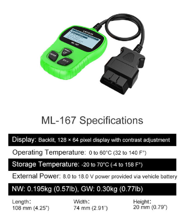 205967990 - Auto dijagnostika LAFOCH ML-167
Profesionalna auto dijagnostika potpuno nova
Multifunkcionalni alat za auto-dijagnostiku namenjen trazenju problema motorne grupe elektronike menjaca ABS-a i vazdusnih jastuka na vozilima.
Skenira  OBDII / EOBD mod u kome mozete odraditi dijagnostiku motora na svim ostalim novijim vozilima od 2000 god. bez obzira na proizvodjaca.
Citanje i brisanje gresaka motornog kontrolera