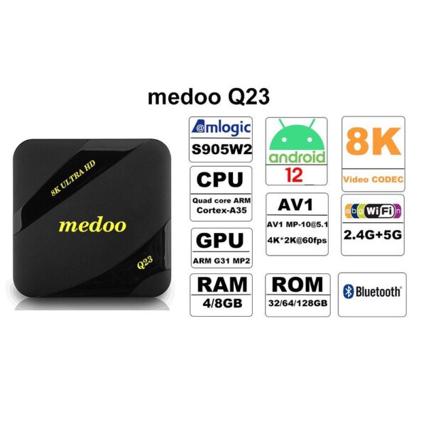 50000 reviews award top seller 1680492386 75f6dbdc progressive 8ad21268 4f81 4047 a9f5 336e573d96f0 - ,Puna specifikacija : Medoo Q23 (4GB/32GB) - Smart TV Box Android 12 Pojačajte televizor. Zaboravite ono što ste znali o pametnim televizorima! Medoo Q23 otvara novu dimenziju mogućnostisa Android 12. Trošenje stotina hiljada nepotrebnih na pametni televizor snagom i znanjem ovog uređaja ostaviće iza vas i najskuplje pametne televizore! Moć je ključna kod Medoo Q23, koja ima performanse retko viđene u TV kutijama sa do 4 GB DDR3 memorije Mali 450MP video akcelerator i četvorojezgarni procesor za stabilan i munjevit rad. Slobodno paralelno pokrećite više aplikacija, strimujte visokokvalitetni video sadržaj. Gledajte filmove u 4K-8K ili igrajte ozbiljnije igre, Medoo Q23 se lako nosi s njima! Specifikacije hardvera Čipset sjajni 905W2 sa četvorojezgarnim CPU 64-bitni 4x1.8GHz u 12nm tehnologiji GPU Penta-Core Mali-450 do 750MHz+ FLASH EMMC 32G SDRAM 4GB DDR3 Specifikacije napajanja Napajanje DC 5V/2A Glavne karakteristike OS Android 12.0 Podržava format dekodera 2K,4K,8K VP9 video dekoder, H.265/H.264 video dekoder 1080P ostali video dekoderi (VC-1, MPEG-1/2/4, VP6/8) Podržava format medija Avi/Ts/Vob/Mkv/Mov/ISO/vmv/asf/flv/dat/mpg/mpeg Podržava muzički format MP3/VMA/AAC/VAV/OGG/DDP/HD/FLAC/APE Podržava format fotografija HD JPEG/BMP/GIF/PNG/TIFF HDR HDR10 i HLG režimi USB host 1k USB 3.0 velike brzine, 1k USB 2.0 Sistem datoteka HDD FAT16/FAT32/NTFS Podrška za titl SRT/SMI/SUB/SSA/IDKS+USB OSD tip jezika engleski/francuski/nemački/španski/italijanski/ itd multilateralni jezici LAN Ethernet: 10/100 standard RJ-45 Bežični WiFi 2.4G/5G 2.4G/5G Ugrađeno 2.4G/5G 802.11 a/b/g/n BLUETOOTH Bluetooth4.1 Miš/tastatura Podržava miša i tastaturu preko USB-a; Podržava bežični miš i tastaturu od 2,4GHz preko 2,4GHz USB ključa HDMI HDMI 2.0a za 4k@60Hz 3D 3D video formati AV podrška Karakteristike: CPU: Amlogic 64-bitni 4x1.8GHz u 12nm tehnologiji GPU: Penta-Core Mali-450 do 750MHz+ SDRAM: 4GB DDR3 FLASH: EMMC 64G OS: Android 12.0 BLUETOOTH: Bluetooth4.1 Ethernet: 10/100 LAN standard RJ-45 Bežično: 802.11 a/b/g/n 2.4G/5G ViFi HDR: HDR10 i HLG režimi Video dekoder: 4K VP9 H.265 video dekodiranje