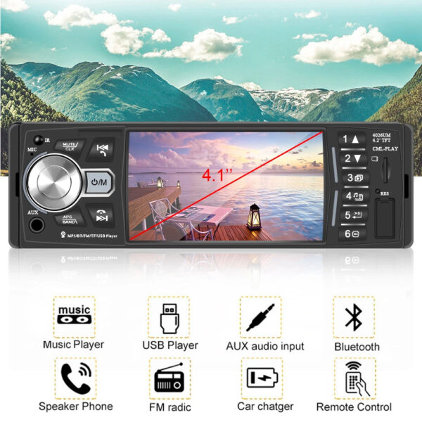 Auto Radio 1 Din Audio Video MP5 Player 4 1 Inch Screen Bluetooth 4 2 Multicolor jpg Q90 jpg - mp5 multimedija za auto sa 4 inca TFT EkranomUlaz je standardad za sve automobile koji imaju standardan ulaz za radio 1dinEkran TFT 4 inčaSlot za SD karticuUSB slot 2.04x45wFM/AM prijemnikFM frequency: 87.5 - 108MHzAux ulazDigitalni sat i datum 24HBluetooth handsfree funkcijaMP3Automatsko pretraživanje radio stanicaDimenzije: 190x127x58mmKomplet sadrzi:  - Plejer- Daljinski upravaljač- Kablovi za povezivanje- Uputstvo za upotrebu