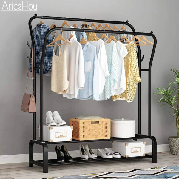 Coat Rack Garment Standing Clothes Hanger Pole Hanger Shelves Multifunctional Hanger Floor Cloth Drying Rack Furniture jpg Q90 jpg - Uredite svoj kutak pomoću našeg elegantnog duplog stalka za odeću, organizujte svoju odecu i obuću na Vama najpristupačniji način.