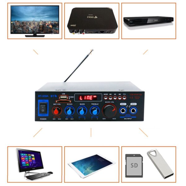 HTB1zkQvXAT2gK0jSZFkq6AIQFXaF - Novo u originalnom pakovanju! • HiFi digitalni blutut audio plejer, LED ekran i pozadinska svetla, • SD kartica, podržava blutut konelciju, FM radio, • Dva ulaza za mikrofone, može se koristiti za karaoke, prezentacije itd. . . • Može se povezati i u autu, potrebno je samo napajanje od 12V za upaljač (ne dolazi u paketu), • Dva ulaza za zvučnike, može se podešavati bas, jačina zvuka. • Uz resiver stiže i daljinski upravljač. Specifikacija: Input voltage: AC 220V/ DC12V(in car)Bluetooth: SupportOutput power: 100W+100WPeak power: 400W+400WChannel: 2 CHLoad impedance: 4-8hmsSNR: >80 dbFM frequency: 87.5-108MHzDistortion rate: 0.05%Frequency: 20Hz-20KHzSensitivity: 150mV-300mVTone control: -Treble:10dB at 10KHz-Bass:10dB at 100KHzLoudness: +6dB at 100Hz. +6dB at 10KHzRC power supply: CR2052 battery(built-in)Dimensions: 20*20*6cm