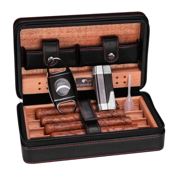 Portable Cigar Humidor With Lighter Cigar Cutter Set Smoking Accessories Cedar Wood Cow Leather Cigar Humidor - COHIBA kožni humidor za putovanja.