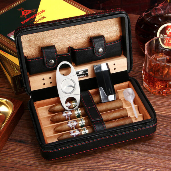 Portable Cigar Humidor With Lighter Cigar Cutter Set Smoking Accessories Cedar Wood Cow Leather Cigar - COHIBA kožni humidor za putovanja.