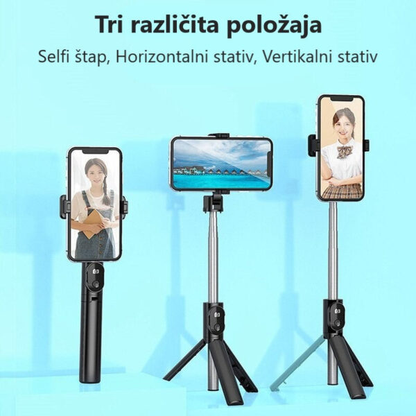 SLIKA 1 8 - Selfi štap koji se transformiše u stativPodesiva dužinaŠtap može da se razvuče do 67 cm! Podesite ga na idealnu visinu i zarotirajte telefon u horizontalni ili vertikalni položaj kamere. Bluetooth daljinski upravljačUz selfi štap dobijate mini daljinski koji će se povezati sa vašim telefonom preko bluetooth-a i omogućiti da jednim klikom slikate i snimate na razdaljini do 10m. Tri nožice za fiksiranjeDrška štapa se rasklapa u tronožac jednim pokretom! Stativ koristite za snimanje, video pozive, online nastavu ili da se uslikate kada nemate fotografa.