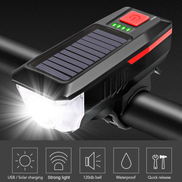 Solar USB Charging Bike Light Bicycle Bell Horn Lamp Bike Flashlight Bike Front Light Waterproof Cycling - USB solarna lampa za punjenje bicikla, lampa za bicikl, vodootporna lampa za bicikl