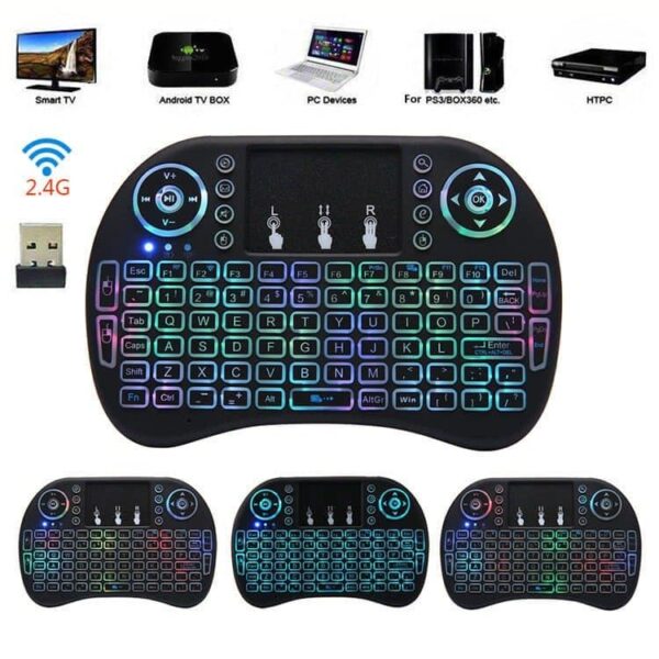 bezicna mini tastatura sa rgb osvetljenjem 892305 - Bežična MINI TASTATURA sa funkcijom miša i POZADINSKIM RGB OSVETLJENJEM
</p> Sa punjivom litijum jonskom baterijom. Baterija se puni tako što se u tastaturu prikači bilo koji punjač za smart telefone (uz tastaturu se dobija kabl za punjenje).
</p> Prilikom naručivanja nema potreba da birate boju. Jedna tastatura poseduje sve tri boje koje se menjaju pritiskom na tastere FN i F2.
</p> Vrlo funkcionalna qwerty tastatura.
</p> Namenjena je za sve smart televizore, kompjutere, laptopove (dobro dođe kada se laptop priključi na projektor), takođe radi na sony playstation-u, Xbox-u. . . , mnogo olakšava rad sa svim navedenim uređajima.
</p> Kompatibilna je takođe sa svim operativnim sistemima.
</p> Domet 10-15 metara.
Poseduje touch-pad (kao laptop).
</p> Touch-pad radi i sa klikom i sa dvoklikom (kao i svaki laptop, ponovo).
Postoje i posebna dugmad za funkciju levog i desnog klika.
Uz tastaturu se dobija i usb receiver koji se nalazi iza poklopca baterije koji se jednostavno utakne u smart TV ili bilo koji drugi uređaj i to je to.
</p> Mini Keyboard bežična tastatura sa pozadinskim osvetljenjem. Kompaktibilna je sa Windows 7, 8, 10, Linux, Android, TV Box, macOS.
</p> U sebi ima bateriju i puni se kao mobilni telefon.
</p> Domet: Do 10m
Dimenzije: 146x97x19 mm
Težina: 110 gr
Paket sadrži:
Bežičnu tastaturu
kabal za punjenje
USB risiver(nalazi se u pregradi za bateriju)
Uputstvo
</p>