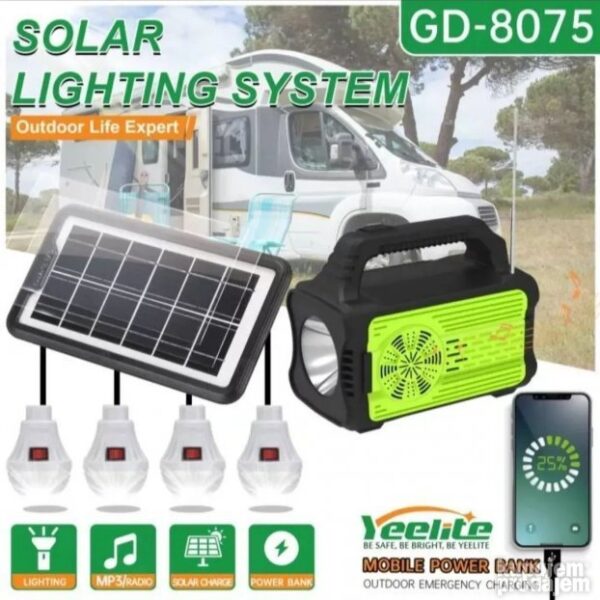 big 142387658 633ecea500cca7 41179879Solarni sistem - **Najnoviji model sa 3 sijalice zvučnikom USB izlazima za punjenje mobilnih telefona ** 3 LED sijalice sa kablom duzine 3.5 metara I prekidacem za punjenje preko LED panela **Multifunkcionalni sistem, lako prenosni sa Solarnim panelom, baterijskom lampom **Odličan za vikendice kampovanja pecanje **Možete puštati muziku sa telefona preko blututa ili slušati fm radio Sve dolazi sa fabrickom kutijom. DC 5V ulaz Ugrađena 3.7V 10000MAH punjiva zapečaćena olovno-kiselinska baterija Široki opseg napona 110-240V, 50/60Hz Vreme punjenja 8-10 sati Napredna tehnologija zaštite Indikator nivoa baterije 4k DC 5V izlaz1k USB izlaz (mobilni punjač) U kutiji dobijate 1 k GDPlus GD-8075 komplet solarnog osvetljenja (crni) 1 k solarni panel3 k LED svetlo 1 k 5-u-1 kabl za punjenje 1 k kabl za napajanje