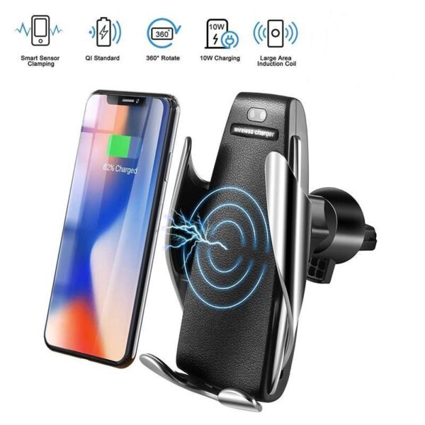 car wireless charger mount 1 1200x1200 39ca3021 7ae9 4206 add5 9c51d1cf005f - Držac za mobilni telefon i bežični WIFI punjač. Mogućnost rotacije i podešavanja širine do 5.5 inha. Omogućava praktično i brzo bežično punjenje. Korišćenjem smanjuje se opterećenje USB konektora telefona. Posedjuje smart senzor koji detektuje telefon i automatski se podesava prema telefonu. . . . Specification: Mode S5 Power: 10W Input voltage / current: 5V-2A/9V-1.5A Output voltage / current: 5V-1A/9V-1.3A Charge frequency: 110-205 KHz Charge distance: < =8mm Charging efficiency:   > =75% Installation method: suction / outlet Material: PC+silicone Size: 112*86*40mm/4.4*3.38*1.57”