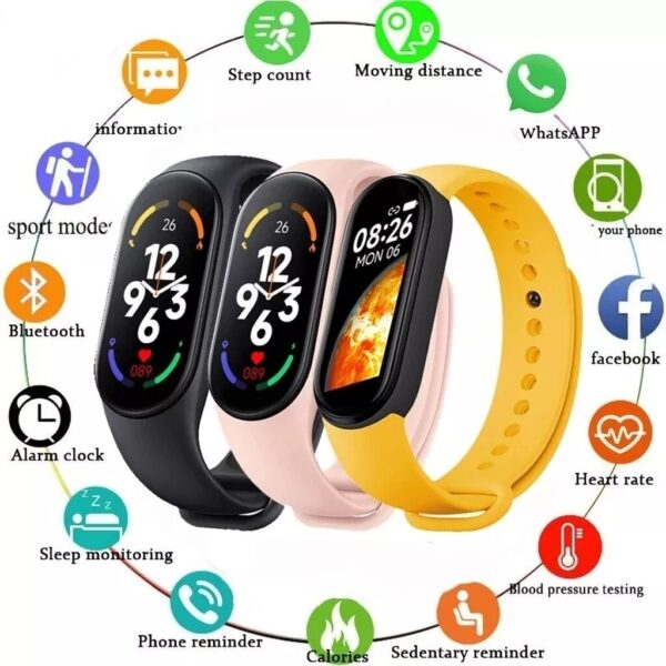 m7 smart fitnes watch 104133274 image 1670578860 - Dinamički ekran u boji, veliki ekranPovećajte oblast prikaza, tako da su pozivi, poruke, podsetnici jasno vidljivi, a više informacija može da se vidi na prvi pogled Višestruki brojčanici na mrežiNakon što je narukvica povezana sa fitProAPP-om, možete preuzeti razne izuzetne brojčanike sa fitProAPP-a; takođe možete da pretvorite pejzaž i omiljene slike koje ste snimili svojim mobilnim telefonom u pozadinu brojčanika da biste zadovoljili različite potrebe korisnika. Bluetooth kamera za daljinsko upravljanje krenite zglob da biste kontrolisali telefon da biste slikali, istražite novu zabavu snimanja slika i zamrznite svaki vaš divan trenutak Sedentarni podsetnikAko ste potpuno uloženi u zaboravljanje vremena, narukvica će vas podsetiti da ustanete i hodate i probudite se u boljem fizičkom stanju