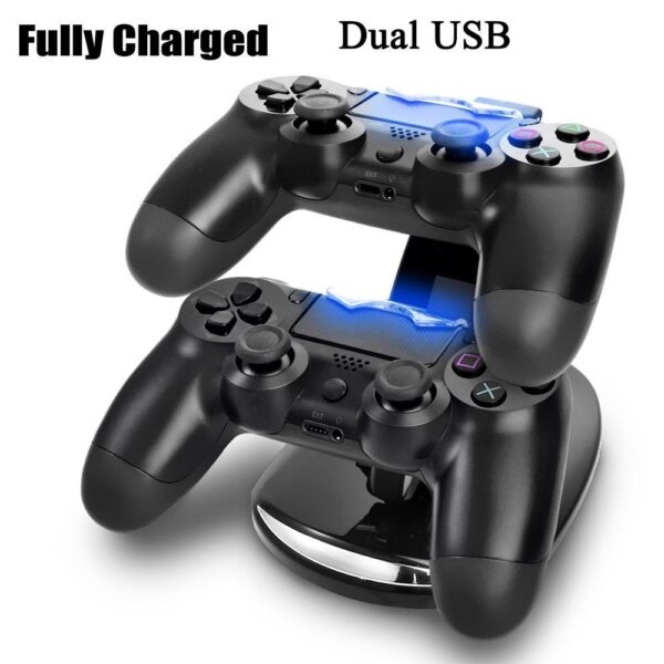 ps4 laddare stand p4 tillbeh r joystick ps4 172ce262 6084 40f8 9612 ba5423b7609e - PS4 regulator svetleci punjača dvostruki USB punjač za Playstation NOVOKompatibilno sa: Slim kontrolerima Plaistation 4 / PS4 / PS4 Pro / PS4Napajanje preko mikro USB porta sa PS4 / PS4 tanke / PS4 Pro konzole, računara ili zidnog izvora napajanja (adapter za zid nije uključen)Paket sadrži: 1x PS4 Dual Controller Stand Charger1x USB kabl za punjenje