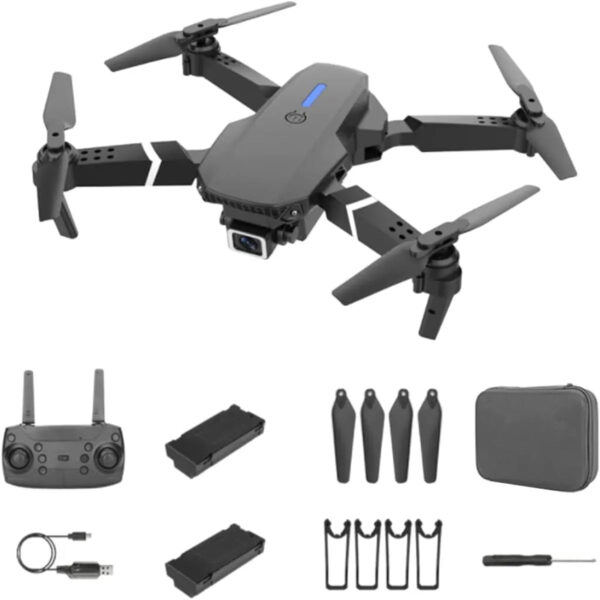 s l1200 f81538a3 8cb3 45cc 8b73 385c5e38ccac - Dron E88 pro sa HD kamerom 1080PSnaga predajnika 2,4 GHz osigurava snažnu sposobnost protiv sprečavanja. Otprilike 150 metara kontrolne udaljenosti poboljšavaju performanse leta. Osetljiv na žiro regulisanje, stabilniji i fleksibilniji let. Sa atraktivnim režimom bez glave, potpuno rešava probleme „ gubitka orijentacije“ . Karakteristike: Daljinsko upravljanjeMaterijal: Metal, + PlastikaDaljinski upravljač: DaDaljinsko rastojanje: 300 ftDimenzije: 12,5 × 7,5k5cmVreme punjenja: 60-70 minMotor: Brush MotorBaterija kontrolera: 3 k 1,5 AA baterija (nisu ukljuceni)Kontrolni kanali: 4 kanalaVreme leta: 10-12 min