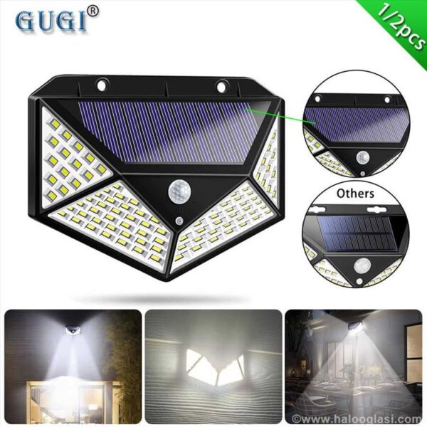 solarni reflektor sa bocnim osvetlenjem 100 d 5425635751381 71792004742 - Solarna led lampa , zidna, punjiva, sa senzorom pokreta. Ukupno 100 led dioda (70 sa prednje strane + po 30 sa bočnih strana lampe)Zidna led lampa sa solarnim panelom i ugrađenom punjivom batrijomLampa ima solarni panel i ugrađenu punjivom baterijom koja se puni preko solarnog panelaLampa se pali samo noću (ima senzor svetlosti), preko dana se puni i tada se ne može upaliti (dok je solarni panel izložen svetlošću)Vodootporna lampa za spoljnu montažuSenzor dan noć i senzor pokreta na lampiTaster za odabir načina rada lampe, kao i za paljenje i gašenje lampeTri moda (načina) rada lampe- Brza i laka montaža- Solarni panel- LED diode: 100 komada (70 sa prednje strane i 30 sa bočnih strana, po 15 dioda sa svake strane)- Taster za odabir načina rada ili gašenje lampe: OFF/ON, 1-2-3 mod- Baterija: 18650 - 1800mAh- Senzor: 120 ° - Dimenzije: dužina 13 cm x visina 6,5 cm x širina 5 cm