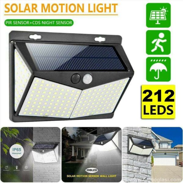 solarni reflektor sa bocnim osvetlenjem 212 d 5425636071189 71793519168 - Solarna led lampa , zidna, punjiva, sa senzorom pokreta. Ukupno 212 led diodaZidna led lampa sa solarnim panelom i ugrađenom punjivom batrijomLampa ima solarni panel i ugrađenu punjivom baterijom koja se puni preko solarnog panelaLampa se pali samo noću (ima senzor svetlosti), preko dana se puni i tada se ne može upaliti (dok je solarni panel izložen svetlošću)Vodootporna lampa za spoljnu montažuSenzor dan noć i senzor pokreta na lampiTaster za odabir načina rada lampe, kao i za paljenje i gašenje lampeTri moda (načina) rada lampe- Brza i laka montaža- Solarni panel- LED diode: 212 komadaPunjiva baterija