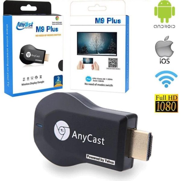 Anycast M9 plus HDMI FullHD TV stick Chromecast min - Anycast M9 plus je uredjaj za bežično povezivanje Vašeg telefona, PC-a, tableta sa TV-om putem Wi-Fi konekcije i prebacivanje svih sadržaja u realnom vremenu.