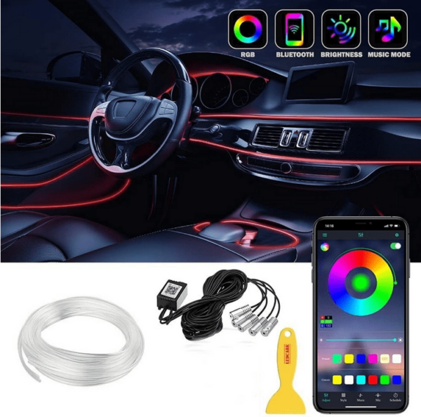 led rgb za auto 1 - Led RGB NITI za dekoraciju enterijera auta, kontrola preko aplikacije telefona Rgb led ambijentalno osvetljenje za automobile. Kontrola preko APLIKACIJE ZA ANDROID ili IOS. Povezivanje preko bluetooth. 5 Lasera. 29 Razlicitih modula rada. Duzina optickog kabla je 6 metara. Potpuna kontrola preko mobilnog telefona. Napajanje preko auto-upaljaca ili direktno povezivanje na 12v. Daljina kontrole do 10 metara.