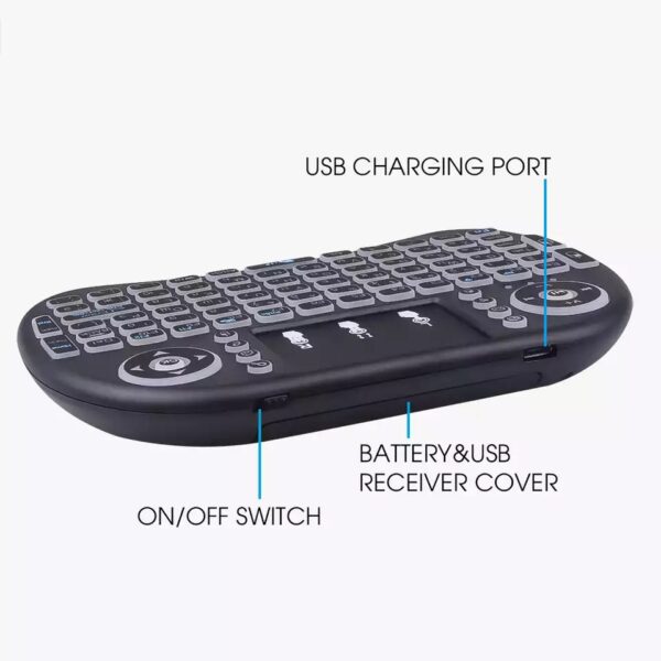mini rgb bezicna tastatura okshop 2 - Pogodno za igranje igrica putem TV BOX uređaja, surfovanje internetom. Bežična tastatura sa touch-padom i pozadinskim osvetljenjem u tri boje. Modovi osvetljenja: crvena, plava, zelena ili isključeno osvetljenje. Raspored tastera: Qwerty (tip tastature prema rasporedu). Napaja se baterijama AAA. Gumirani tasteri kvalitetne izrade.