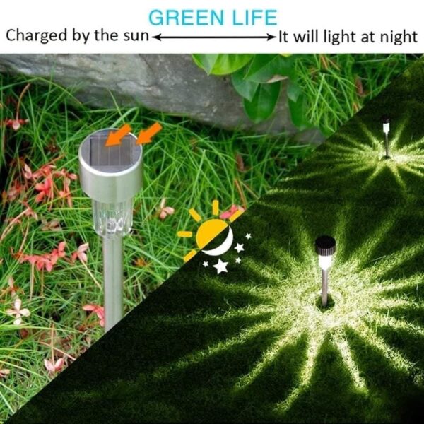 110219480 3314560975262315 13936 - Set od 6 SOLARNIH baštenskih LED lampi Solarne dekorativne lampe za dvorište, bašte, terase, kafiće Lampe su od nerđajućeg čelika i plastike, imaju po jednu led lampicu. Svaka led lampa sadrži punjivu bateriju koja se u toku dana puni preko solarnog panela na vrhu, a preko noći automatski pali i diskretno osvetljava i dekorišem prostor. Postoji prekidač ON/OF preko kog možete uključiti ili isključiti lampe.